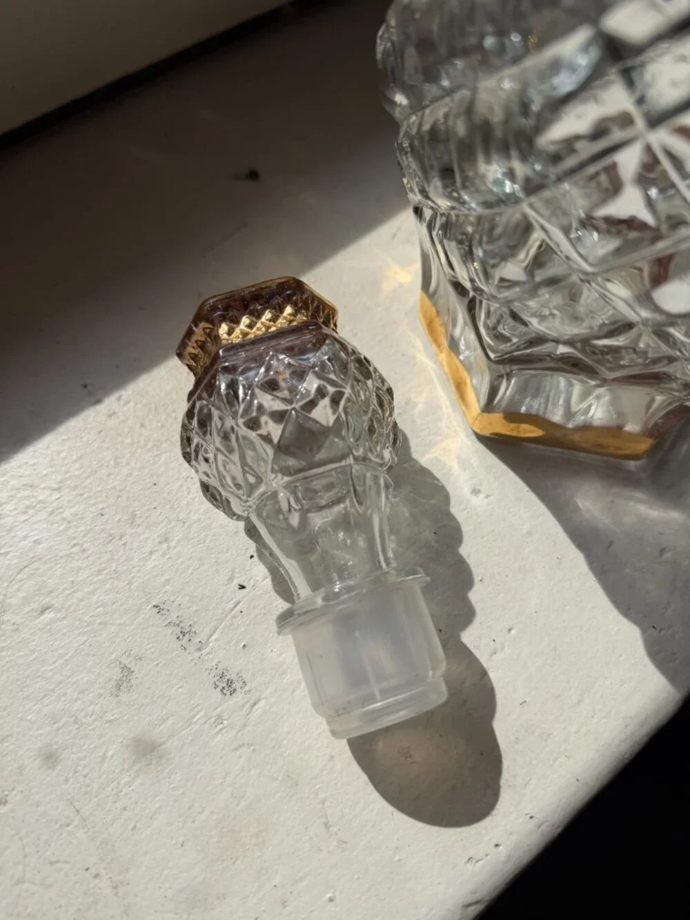 Cut Glass Bottle with Stopper & Gold Accents